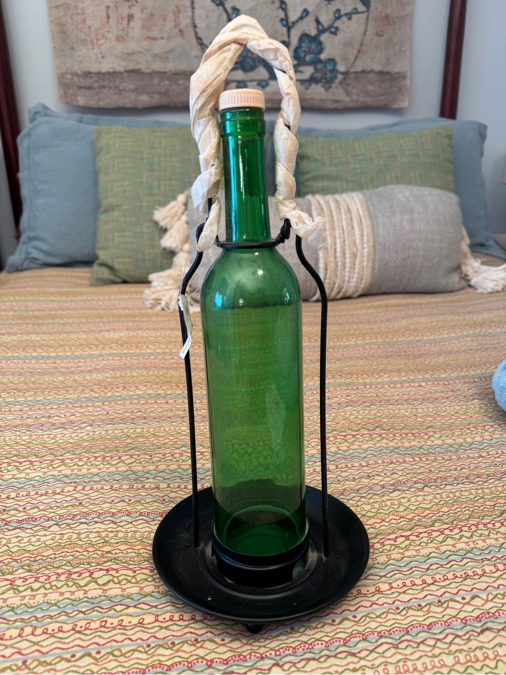 Upcycled Green Glass Wine Bottle Bird Feeder Hanging Yard Decor Rustic